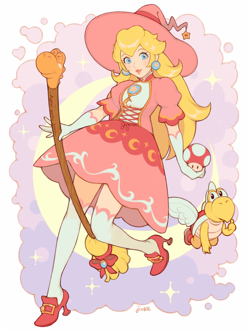 1girl alternate_costume blonde_hair blue_eyes brooch broom commentary crescent cross-laced_clothes dress earrings elbow_gloves full_body gloves hat high_heels highres holding jewelry jivke koopa_paratroopa lips long_hair looking_at_viewer super_mario_bros. mushroom pink_dress pink_headwear princess_peach puffy_short_sleeves puffy_sleeves red_footwear shoes short_sleeves signature star thigh-highs white_gloves white_legwear witch witch_hat yoshi