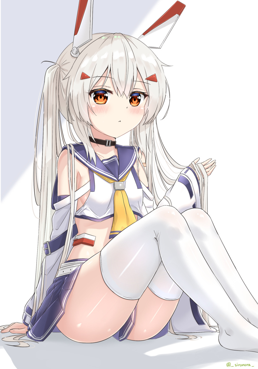 1girl alternate_hairstyle ayanami_(azur_lane) azur_lane belt blonde_hair blue_skirt blush commentary_request crop_top detached_sleeves feet_out_of_frame hair_between_eyes hand_up headgear highres knees_up long_hair looking_at_viewer midriff pleated_skirt red_eyes school_uniform serafuku simple_background sirono-ra0929 sitting skindentation skirt solo thigh-highs thighs twintails very_long_hair white_background white_belt white_legwear