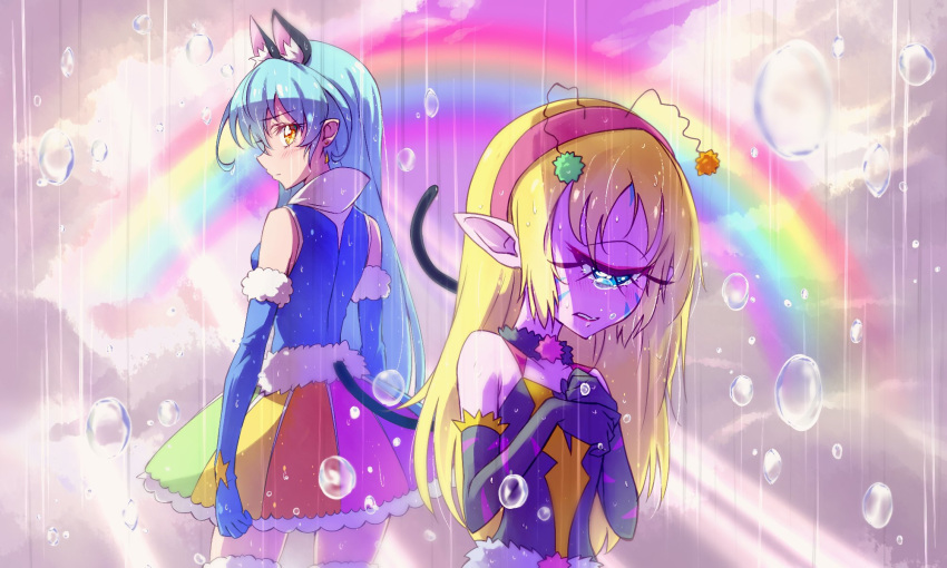 2girls animal_ears antennae black_gloves blonde_hair blue_gloves cat_ears cat_tail choker clouds commentary_request crying crying_with_eyes_open cure_cosmo cyclops dress elbow_gloves eyebrows_visible_through_hair eyelashes eyewon_(precure) facepaint fur_trim gloves hair_down hairband highres kyoutsuugengo light_blue_hair lipstick looking_at_another looking_back magical_girl makeup multicolored multicolored_clothes multiple_girls no_nose one-eyed own_hands_together pink_skin pointy_ears precure purple_sky rain rainbow rainbow_skirt red_lipstick sad sky sleeveless star star_print star_twinkle_precure tail tears water_drop wet wet_hair yellow_eyes yuni_(precure)