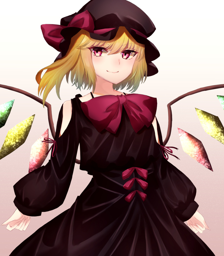 1girl absurdres black_dress blonde_hair bow bowtie crystal dress flandre_scarlet hat hat_bow highres katsukare looking_at_viewer puffy_sleeves red_bow red_eyes red_neckwear short_hair solo the_embodiment_of_scarlet_devil touhou wings