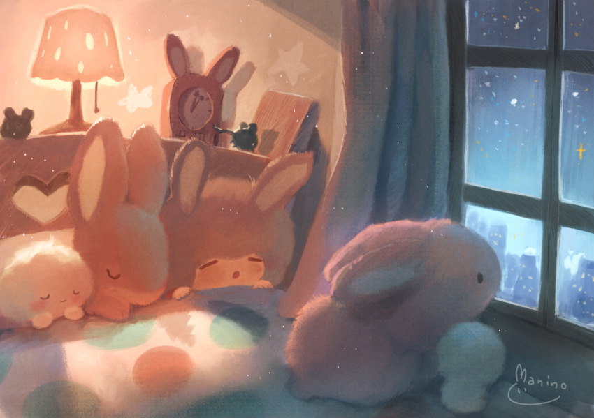 3others :o =_= afro ambiguous_gender animal animal_ears bed clock commentary_request curtains indoors lamp manino_(mofuritaionaka) multiple_others night original rabbit rabbit_ears signature sleeping star star_(sky) u_u under_covers window