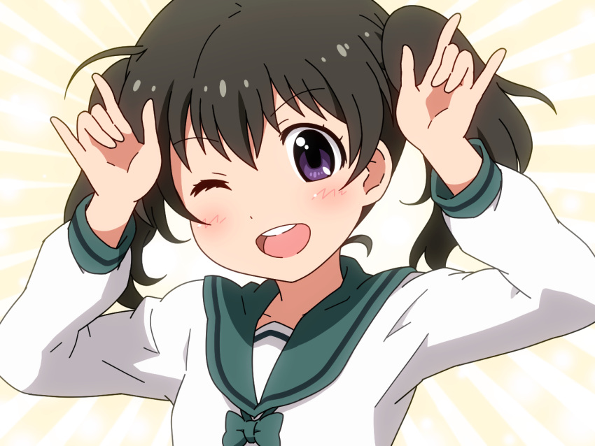 1girl ;d \n/ arms_up black_hair blush bow bowtie commentary_request green_neckwear green_sailor_collar kuraue_hinata long_sleeves looking_at_viewer one_eye_closed open_mouth round_teeth sailor_collar shirosato shirt smile solo teeth twintails upper_body upper_teeth v-shaped_eyebrows violet_eyes white_shirt yama_no_susume