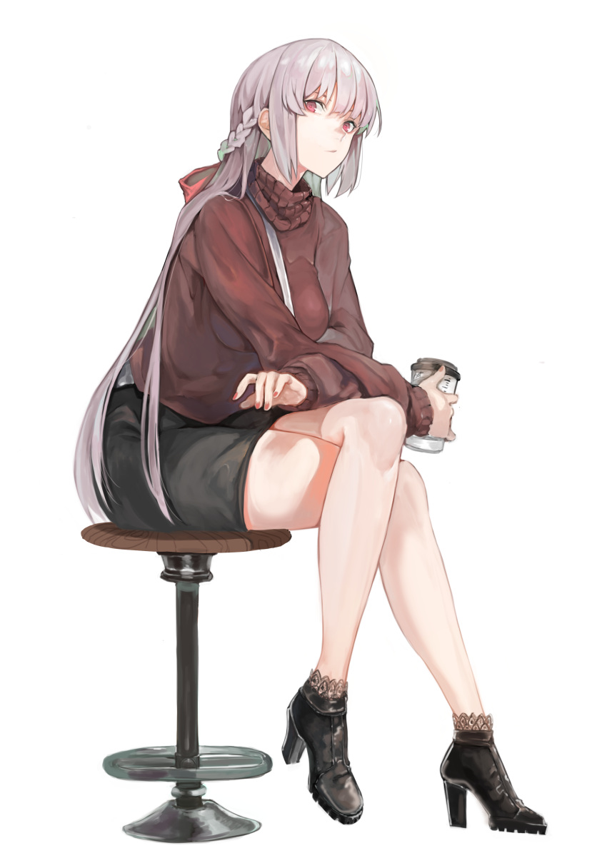 1girl absurdres black_skirt braid casual crossed_legs cup fate/grand_order fate_(series) florence_nightingale_(fate/grand_order) harutask high_heels highres holding holding_cup long_hair nail_polish red_eyes simple_background sitting skirt solo sweater
