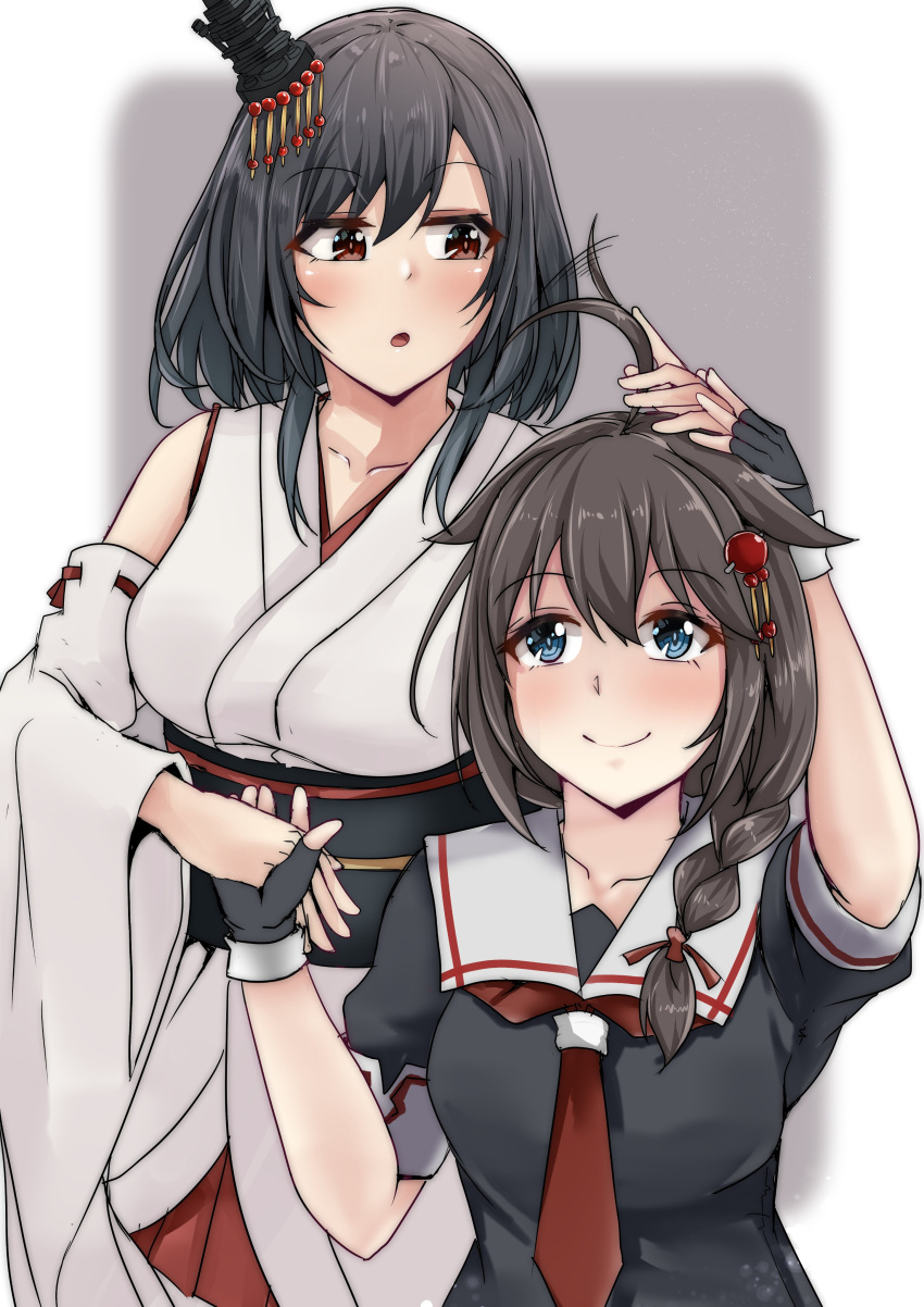 2girls absurdres ahoge black_hair black_serafuku blue_eyes braid commentary_request cowboy_shot detached_sleeves hair_flaps hair_ornament hair_over_shoulder headgear height_difference highres japanese_clothes kantai_collection multiple_girls neckerchief red_eyes red_neckwear remodel_(kantai_collection) school_uniform serafuku shigure_(kantai_collection) shohei_(piranha5hk) short_hair single_braid wide_sleeves yamashiro_(kantai_collection)