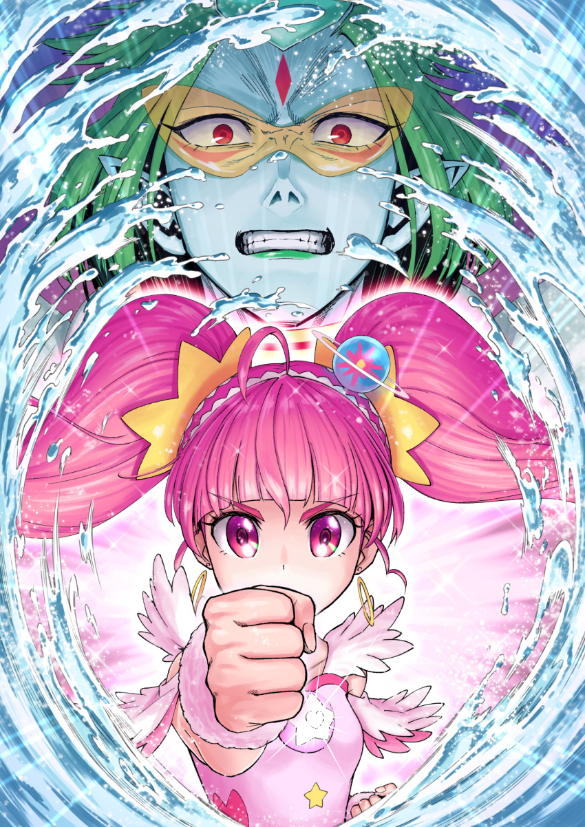 1boy 1girl ahoge angry aura bangs blue_skin blunt_bangs clenched_hands clenched_teeth covering_mouth cure_star dress earrings face facial_mark forehead_mark foreshortening glasses glowing green_hair green_lips hair_ornament hairband highres hoop_earrings hoshina_hikaru ito_user_2810a jewelry kappard_(precure) pendant pince-nez pink_dress pink_eyes pink_hair planet_hair_ornament pointy_ears precure punching red_eyes sleeveless sleeveless_dress sparkle star star_hair_ornament star_twinkle_precure sunglasses teeth twintails v-shaped_eyebrows water wrist_cuffs