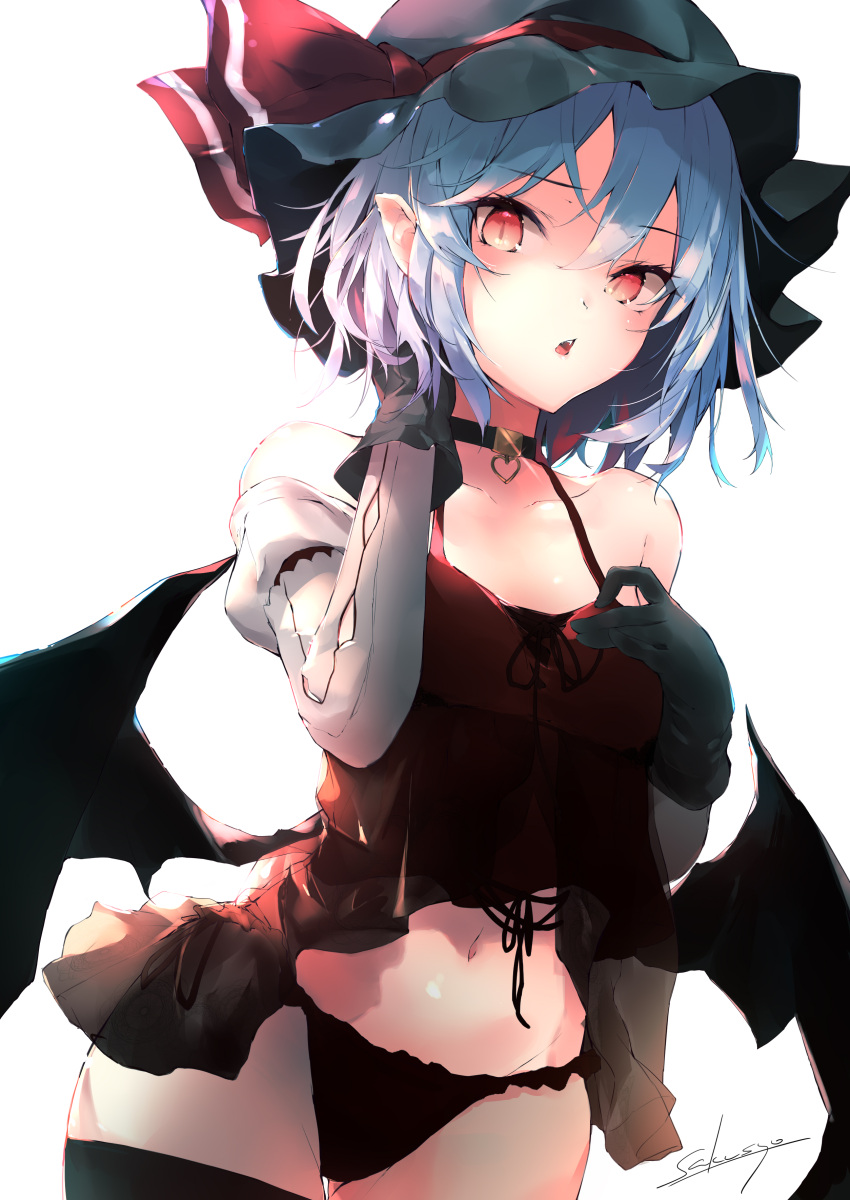 1girl absurdres artist_name bangs bare_shoulders bat_wings black_choker black_gloves black_headwear black_panties blue_hair blush camisole choker commentary_request cowboy_shot eyebrows_visible_through_hair gloves hair_between_eyes hand_in_hair hand_up hat hat_ribbon highres long_sleeves looking_at_viewer midriff mob_cap navel off_shoulder panties parted_lips pointy_ears red_eyes red_ribbon remilia_scarlet ribbon sakusyo short_hair simple_background solo spaghetti_strap standing thigh-highs touhou twitter_username underwear white_background wings