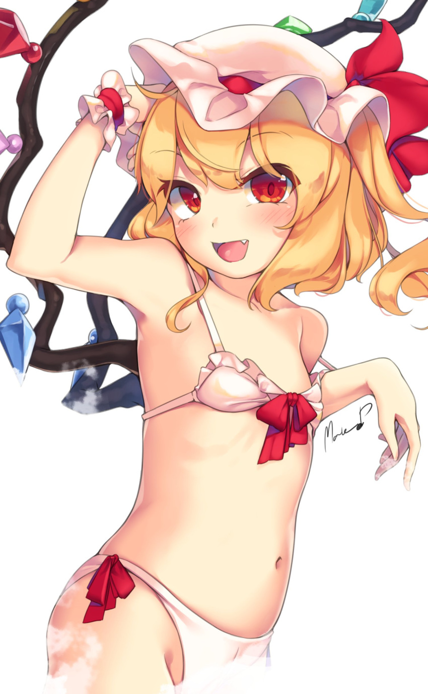 1girl absurdres arm_up artist_name bangs bare_arms bare_shoulders bikini blonde_hair blush bow_bikini breasts commentary_request cowboy_shot fang flandre_scarlet hat hat_ribbon highres long_hair looking_at_viewer maremay0513 mob_cap navel off_shoulder one_side_up open_mouth red_eyes red_ribbon ribbon simple_background small_breasts smile solo stomach swimsuit touhou white_background white_bikini wings wrist_cuffs
