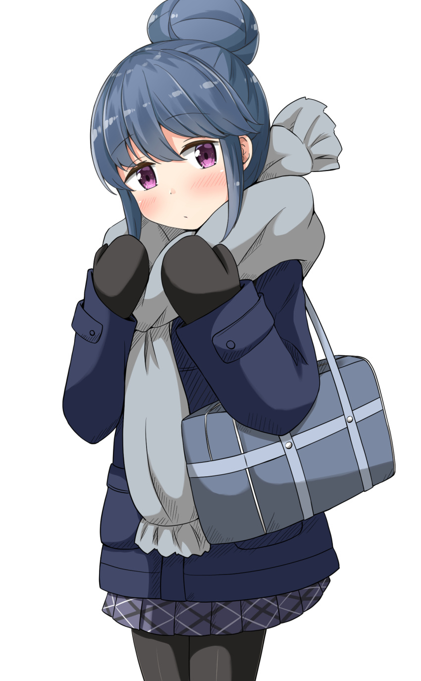 1girl aikawa_ryou bag bangs black_legwear black_mittens blue_hair blue_jacket blue_skirt blush closed_mouth commentary_request eyebrows_visible_through_hair fringe_trim grey_scarf hair_between_eyes hair_bun hands_up head_tilt highres jacket long_sleeves looking_at_viewer mittens pantyhose pleated_skirt scarf school_bag shima_rin sidelocks simple_background skirt sleeves_past_wrists solo violet_eyes white_background yurucamp