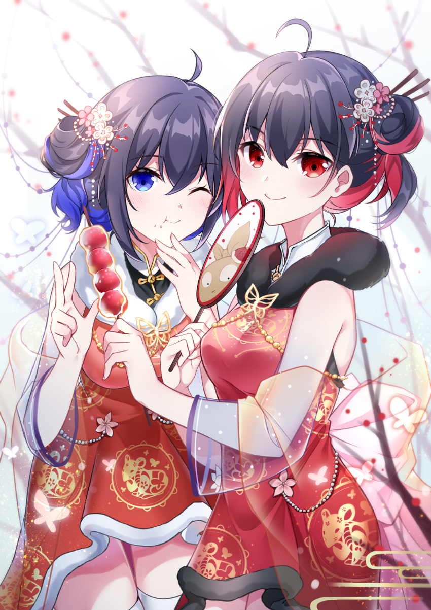 2girls ;t ahoge bangs bare_shoulders black_hair blue_eyes blue_hair blush breasts china_dress chinese_clothes closed_mouth commentary_request detached_sleeves dress eating egasumi eyebrows_visible_through_hair flower food food_on_face fur_collar gou_lianlian_dogface hair_between_eyes hair_bun hair_flower hair_ornament highres holding holding_food honkai_(series) honkai_impact_3rd medium_breasts multicolored_hair multiple_girls one_eye_closed pink_flower red_dress red_eyes redhead see-through see-through_sleeves seele_vollerei side_bun sleeveless sleeveless_dress streaked_hair thigh-highs tree_branch v-shaped_eyebrows white_legwear