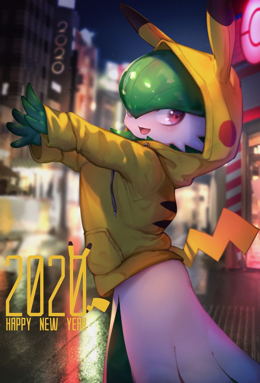 1girl 2020 animal_ears animal_hood arms_up bangs blurry blurry_background blush blush_stickers cosplay drawstring english_text fake_animal_ears fake_tail gardevoir gen_1_pokemon gen_3_pokemon glowing green_hair green_skin hair_over_one_eye happy happy_new_year highres hood hoodie kashu_(hizake) looking_to_the_side new_year night number open_mouth outdoors outstretched_arm pikachu pikachu_(cosplay) pikachu_tail poke_ball_symbol poke_ball_theme pokemon pokemon_(creature) pokemon_(game) pokemon_center pokemon_swsh red_eyes shiny shiny_hair short_hair smile solo standing sweater symbol_commentary tail two-tone_skin white_skin yellow_sweater