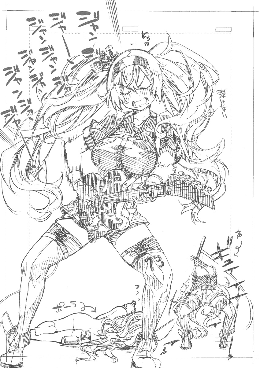 2girls absurdres bangs belt blush bottle breast_pocket breasts collared_shirt commentary electric_guitar eyebrows_visible_through_hair gambier_bay_(kantai_collection) gloves guitar hair_between_eyes hairband highres holding instrument kantai_collection kojima_takeshi large_breasts long_hair lying multiple_girls music nude on_side open_mouth playing_instrument pocket pola_(kantai_collection) shirt short_sleeves shorts sleeping thigh-highs translation_request twintails