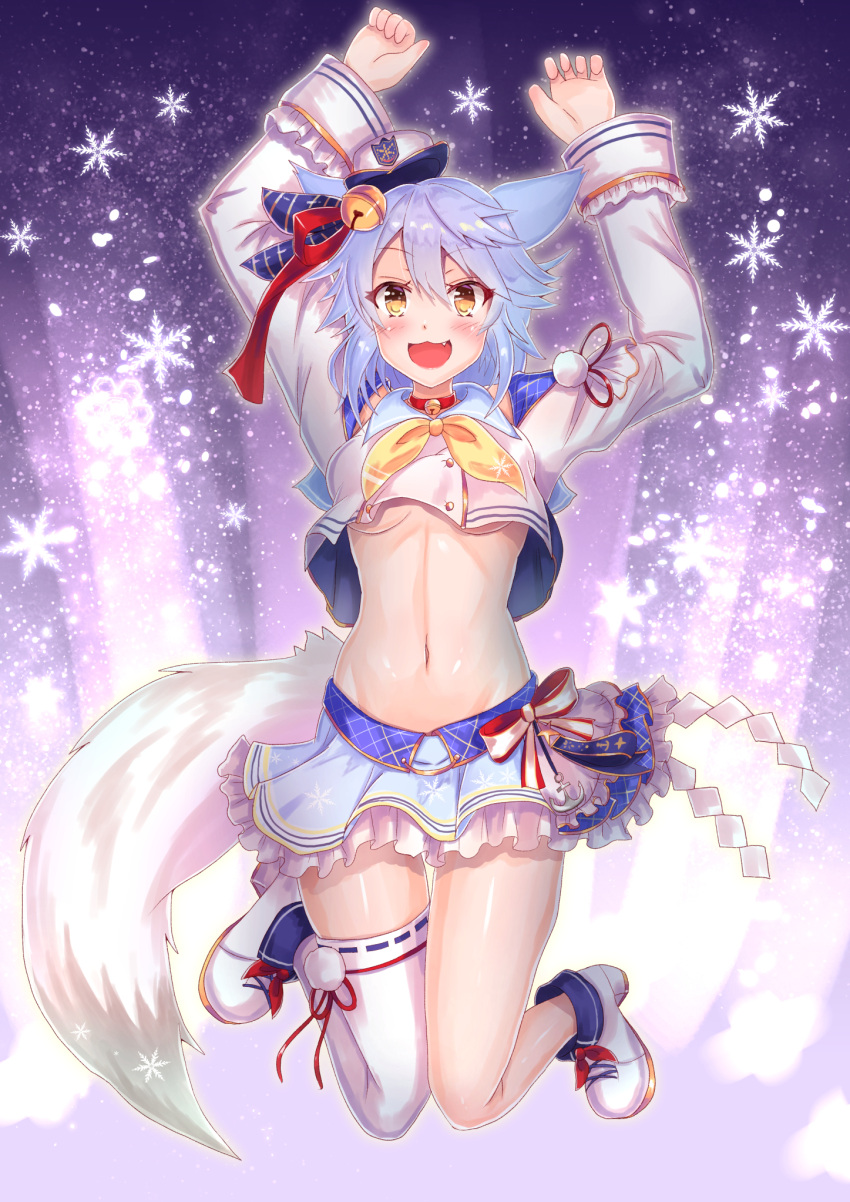 1girl :d animal_ears arms_up azur_lane bell blue_hair breasts brown_eyes choker cocoasabure collared_shirt commentary_request crop_top crop_top_overhang cropped_jacket fang fox_ears fox_tail frilled_skirt frills fubuki_(azur_lane) fubuki_(snow_storm!)_(azur_lane) hair_between_eyes highres idol jacket jingle_bell legs_up long_sleeves looking_at_viewer midriff miniskirt navel neckerchief open_clothes open_jacket open_mouth revision sailor_collar shirt shoes short_hair single_thighhigh skirt sleeveless sleeveless_shirt smile snowflakes solo stomach tail thigh-highs thighs under_boob white_headwear white_jacket white_legwear white_shirt