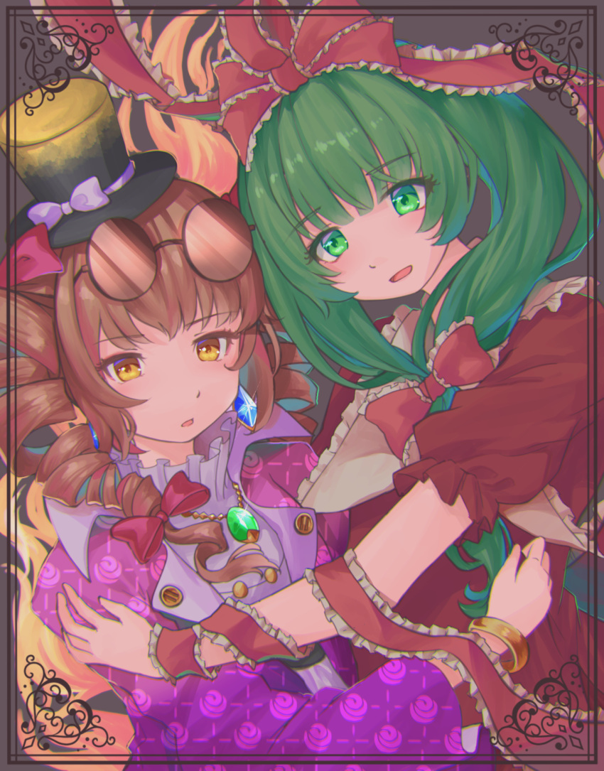 2girls :o bangle bangs black_border blouse border bracelet commentary_request drill_hair earrings eyebrows_visible_through_hair eyewear_on_head front_ponytail green_eyes green_hair hair_ribbon hand_on_another's_arm hat head_to_head highres jacket jewelry kagiyama_hina leaning_forward long_sleeves looking_at_viewer mini_hat mini_top_hat multiple_girls necklace open_clothes open_jacket parted_lips pendant puffy_short_sleeves puffy_sleeves purple_jacket redhead ribbon short_sleeves sunglasses top_hat touhou upper_body white_blouse wrist_ribbon yamabuki_(laysis_yama) yellow_eyes yorigami_jo'on