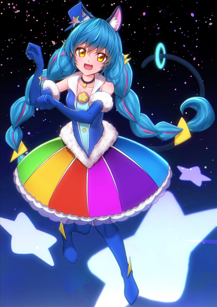 1girl absurdres animal_ears blue_hair boots cat_ears cat_tail cure_cosmo elbow_gloves furry gloves highres multicolored_hair pink_hair precure star_twinkle_precure tail thigh-highs thigh_boots user_ctfu2457 yellow_eyes yuni_(precure)