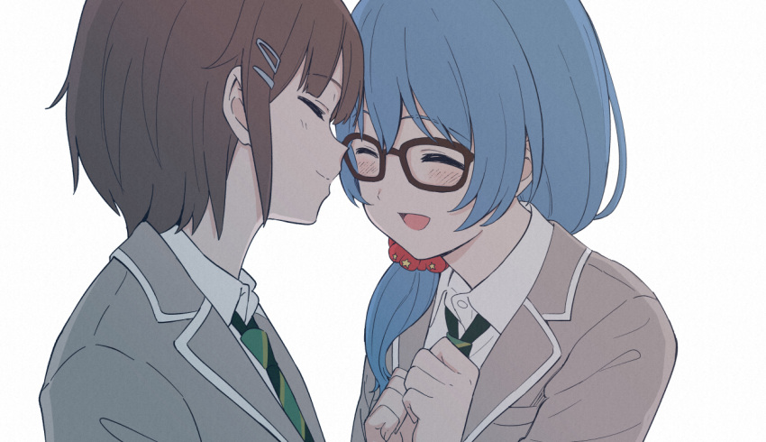 2girls :d ^_^ asahi_rokka bang_dream! bangs black-framed_eyewear blazer blue_hair blush brown_hair clenched_hands closed_eyes face-to-face glasses green_neckwear grey_jacket hair_ornament hair_over_shoulder hair_scrunchie hairclip hands_together hands_up haneoka_school_uniform jacket long_hair low-tied_long_hair multiple_girls necktie open_mouth red_scrunchie school_uniform scrunchie shibasaki_shouji short_hair simple_background smile striped striped_neckwear toyama_asuka upper_body white_background yuri