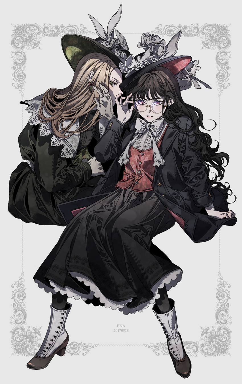 2girls adjusting_eyewear arm_support artist_name bangs black_dress black_hair black_headwear black_jacket black_legwear blonde_hair blush boots bow bowtie buttons collar collared_jacket covering_mouth dated dress earrings enaa frills full_body glasses gloves green_eyes hand_up hat highres jacket jewelry long_hair long_sleeves looking_at_viewer mole mole_under_eye multiple_girls open_clothes open_jacket original pantyhose parted_lips patterned_background pink_eyes red_vest sitting sleeve_cuffs vest wavy_hair white_bow white_gloves white_neckwear