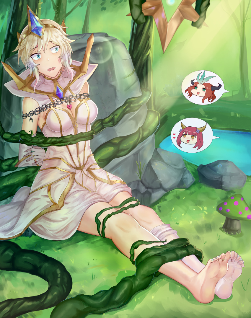 absurdres barefoot bdsm blonde_hair blue_eyes bondage bound chain character_request dress feet highres league_of_legends restrained skirt tickling white_dress yuehei_dao