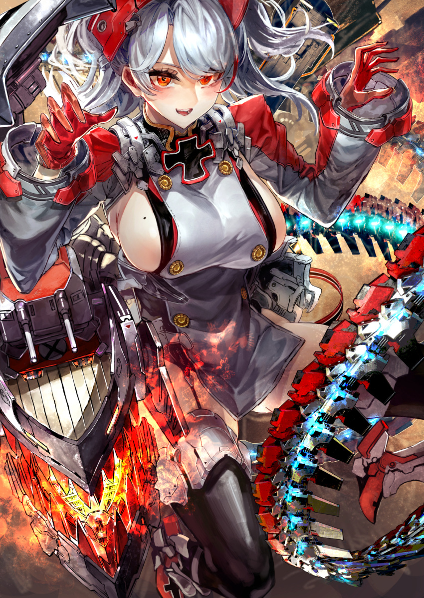 1girl antenna_hair azur_lane bangs breasts buttons claw_pose commentary_request floating_hair garter_straps gloves glowing headgear highres iron_cross large_breasts long_hair long_sleeves looking_at_viewer machinery mole mole_on_breast multicolored_hair open_mouth orange_eyes prinz_eugen_(azur_lane) red_gloves redhead rigging sideboob signo_aaa silver_hair smile solo streaked_hair swept_bangs thigh-highs turret two_side_up very_long_hair