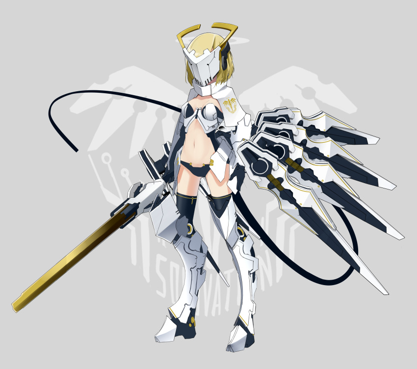 1girl absurdres ass_visible_through_thighs black_gloves black_legwear black_panties blonde_hair breasts commentary_request facing_viewer full_body gloves grey_background headgear highres holding holding_sword holding_weapon makadamixa mask mecha_musume navel original panties short_hair small_breasts solo standing sword thigh-highs underwear weapon