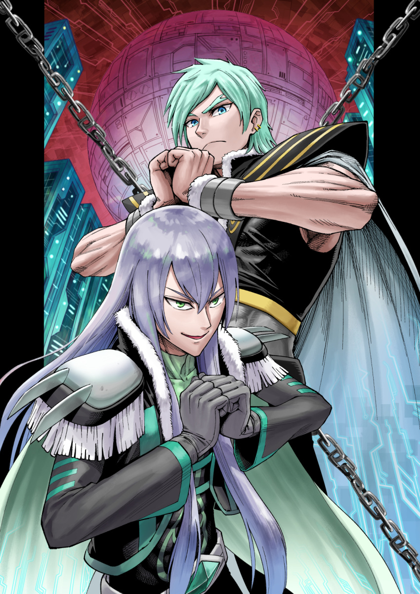 2boys abs aqua_hair bangs blue_eyes cape chain clenched_hands closed_mouth ear_piercing evil_smile fresh_precure! frown gloves green_eyes grey_hair hair_between_eyes hands_together highres ito_user_2810a long_hair looking_at_viewer looking_away machine male_focus multiple_boys muscle open_mouth orb piercing precure smile souler_(fresh_precure!) swept_bangs thick_eyebrows toned v-shaped_eyebrows wester_(fresh_precure!) wrist_cuffs