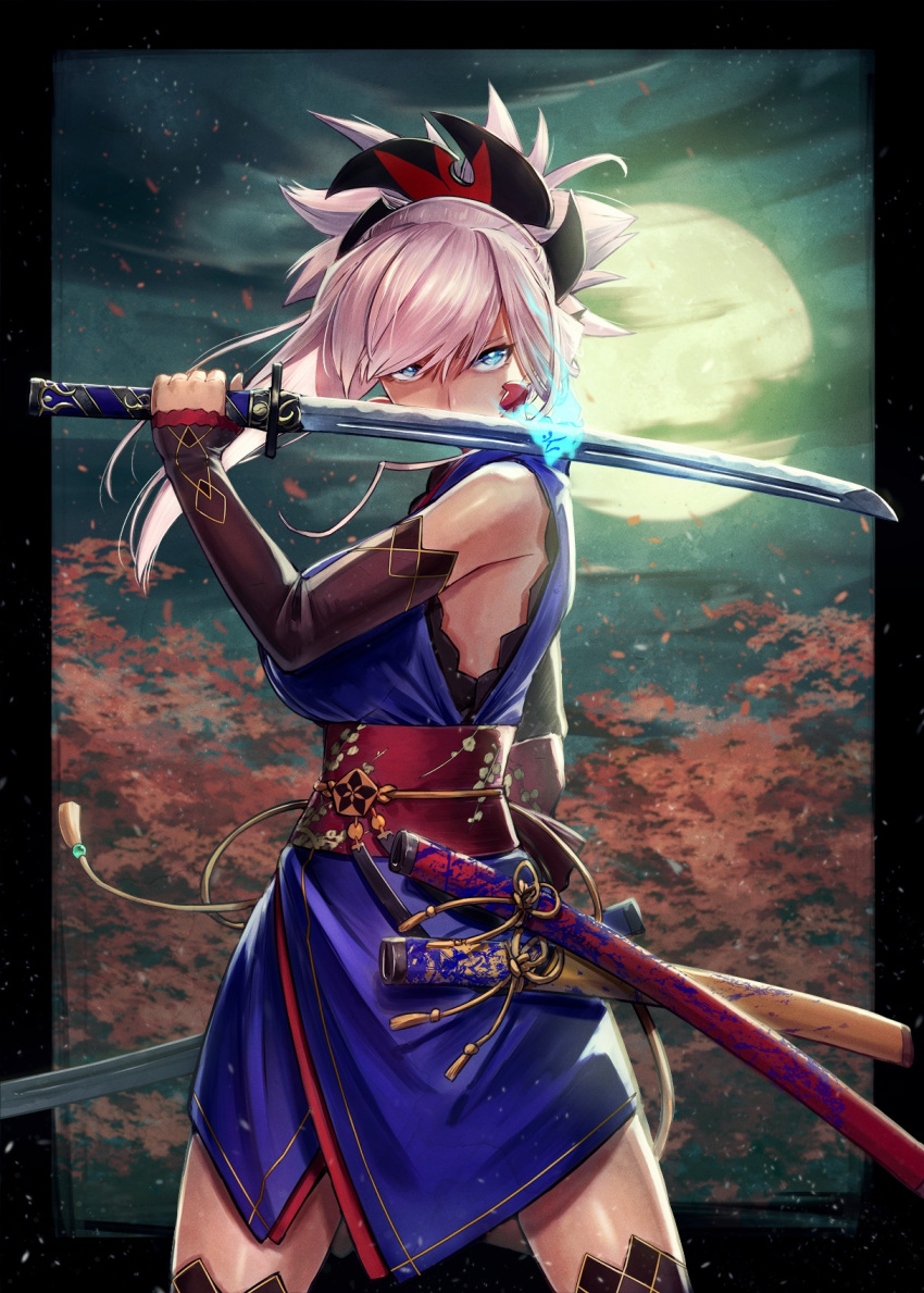 1girl asymmetrical_hair bangs bare_shoulders black_legwear blue_eyes blue_kimono commentary_request detached_sleeves dual_wielding earrings fate/grand_order fate_(series) hair_ornament highres holding holding_sword holding_weapon japanese_clothes jewelry katana kimono kuroi_susumu miyamoto_musashi_(fate/grand_order) moon night night_sky obi over_shoulder pink_hair ponytail sash sheath short_kimono single_sidelock sky sleeveless sleeveless_kimono swept_bangs sword sword_over_shoulder thigh-highs unsheathed weapon weapon_over_shoulder wide_sleeves