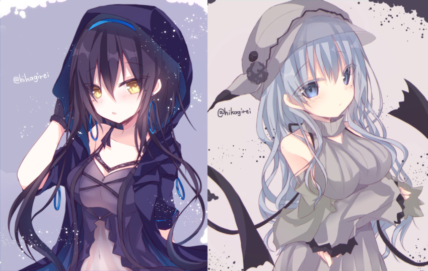 2girls :t arms_under_breasts bangs black_gloves black_hair blush breast_lift breasts closed_mouth collarbone commentary_request detached_sleeves dress earrings eyebrows_visible_through_hair gen_2_pokemon gen_7_pokemon gloves grey_dress grey_eyes grey_hair grey_headwear grey_sleeves hair_between_eyes hand_up hat hoop_earrings jacket jewelry long_hair long_sleeves looking_at_viewer medium_breasts mimikyu multiple_girls open_clothes open_jacket parted_lips personification pokemon pout purple_dress purple_jacket see-through short_sleeves sleeveless sleeveless_dress sleeves_past_wrists twitter_username umbreon very_long_hair yamine_kuro yellow_eyes