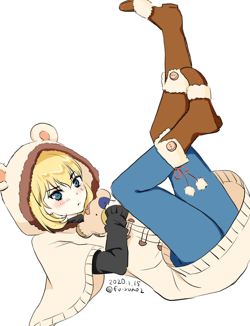 1girl absurdres bangs bear_hair_ornament black_sweater blonde_hair blue_eyes blue_legwear boko_(girls_und_panzer) boots brown_dress brown_footwear closed_mouth commentary dated dress floating frown fur-trimmed_footwear girls_und_panzer hair_ornament highres holding hooded_dress katyusha_(girls_und_panzer) legs_up light_blush long_sleeves looking_at_viewer lying on_back pantyhose short_hair short_over_long_sleeves short_sleeves simple_background solo sweater touma_(tsunamiharuru) twitter_username white_background wide_sleeves