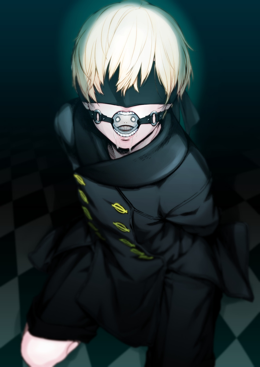 1boy arms_behind_back ball_gag black_blindfold black_shorts blindfold checkered checkered_floor collarbone fetishist gag highres kneeling looking_at_viewer looking_up nier_(series) nier_automata open_mouth saliva shorts solo teeth white_hair yorha_no._9_type_s