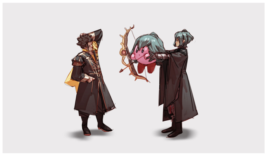 2boys arm_behind_back black_gloves blue_hair blush_stickers boots bow byleth_(fire_emblem) byleth_eisner_(male) cape claude_von_riegan copy_ability dark_skin dark_skinned_male fire_emblem fire_emblem:_three_houses garreg_mach_monastery_uniform gloves hand_in_pocket highres holding kirby male_focus multiple_boys nin_nakajima simple_background super_smash_bros. teacher_and_student