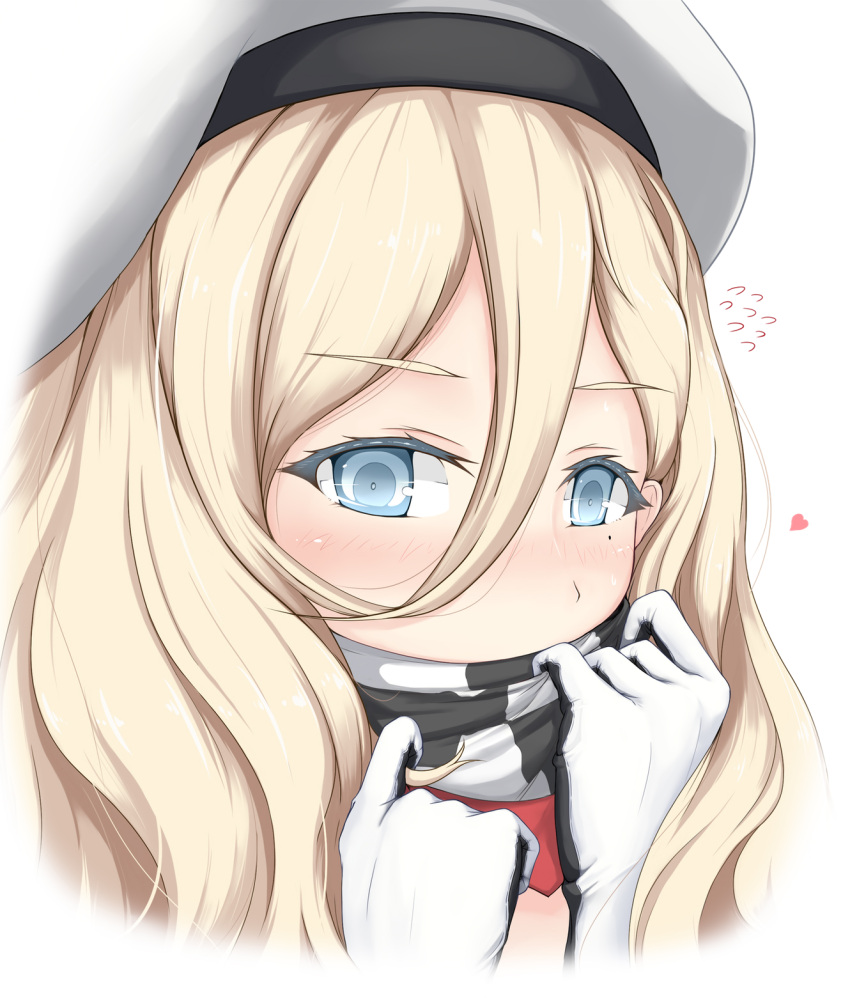 1girl beret blonde_hair blue_eyes close-up commentary_request covering_mouth flying_sweatdrops gloves hair_between_eyes hat heart highres kantai_collection long_hair mole mole_under_eye multicolored multicolored_clothes multicolored_gloves multicolored_scarf richelieu_(kantai_collection) scarf simple_background solo upper_body white_background white_gloves white_headwear yakuto007