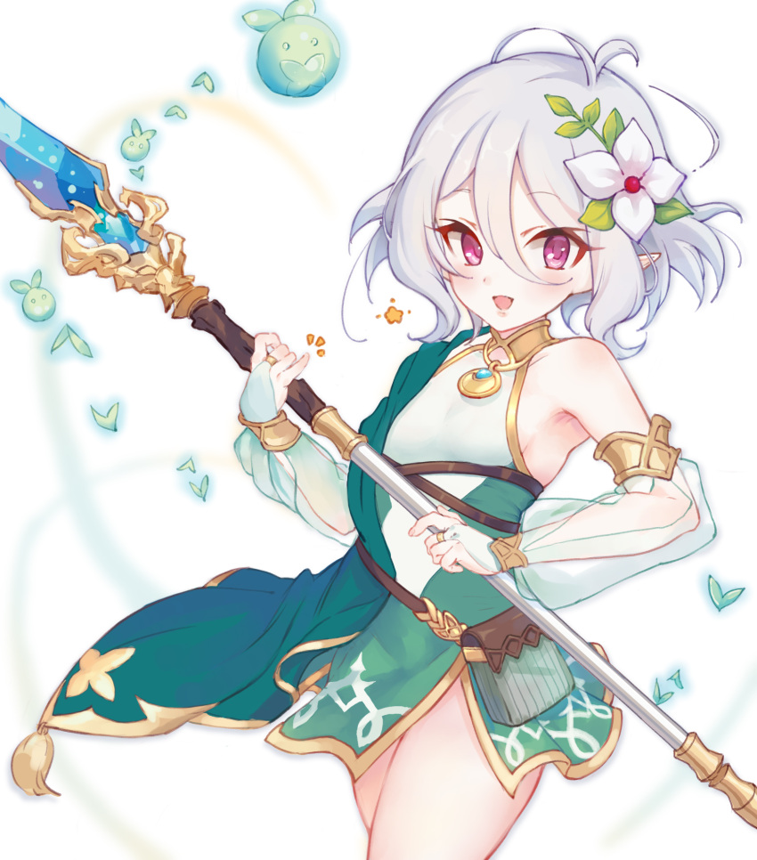 1girl :d asymmetrical_clothes blush flower hair_flower hair_ornament happy highres holding holding_polearm holding_weapon kokkoro_(princess_connect!) looking_at_viewer niii open_mouth pink_eyes pointy_ears polearm princess_connect! short_hair silver_hair simple_background smile solo spear standing weapon white_background