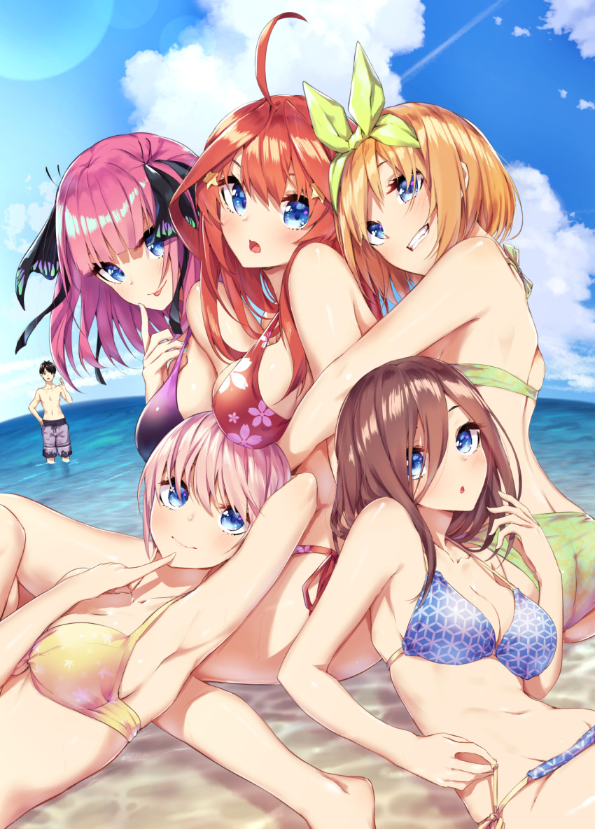 1boy 5girls :o :p ahoge arm_behind_head armpits ass back bangs bare_shoulders barefoot beach bikini black_ribbon blue_bikini blue_eyes blue_sky blunt_bangs blush breasts brown_hair butterfly_hair_ornament clouds collarbone commentary_request eyebrows_behind_hair finger_to_cheek finger_to_chin floral_print go-toubun_no_hanayome green_bikini green_hairband green_ribbon grin groin hair_between_eyes hair_intakes hair_ornament hair_ribbon hairband hand_on_hip highres hug hug_from_behind large_breasts lavender_hair lens_flare long_hair looking_at_viewer medium_hair midriff multicolored multicolored_nails multiple_girls nakano_ichika nakano_itsuki nakano_miku nakano_nino nakano_yotsuba navel ocean orange_hair pink_hair print_bikini purple_bikini quintuplets redhead ribbon sahara386 shorts side-tie_bikini sidelocks sitting sky smile star star_hair_ornament swimsuit tongue tongue_out two_side_up uesugi_fuutarou wading yellow_bikini