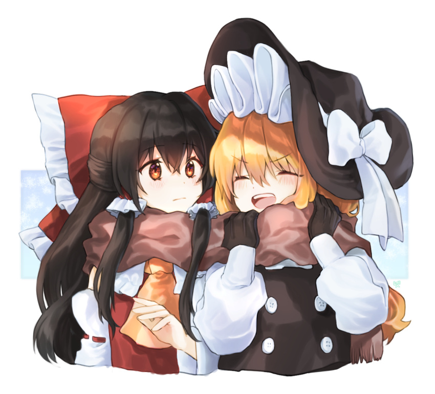 2girls :d ^_^ ascot bangs black_gloves black_hair black_headwear blonde_hair blush bow brown_eyes brown_scarf cheunes closed_eyes commentary_request cropped_torso detached_sleeves eyebrows_visible_through_hair frilled_bow frills gloves hair_between_eyes hair_bow hair_tubes hakurei_reimu hands_up hat hat_bow kirisame_marisa long_hair long_sleeves looking_at_another multiple_girls open_mouth puffy_sleeves red_bow scarf shared_scarf sidelocks smile touhou upper_body very_long_hair white_background white_bow witch_hat yellow_neckwear