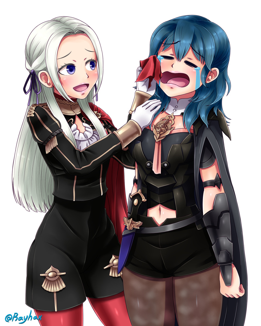 2girls artist_name blue_hair byleth_(fire_emblem) byleth_eisner_(female) crying edelgard_von_hresvelg female_my_unit_(fire_emblem:_three_houses) fire_emblem fire_emblem:_three_houses fire_emblem:_three_houses fire_emblem_16 gloves intelligent_systems lips long_hair looking_at_another my_unit_(fire_emblem:_three_houses) navel nintendo open_eyes open_mouth rayhak ribbon sad tagme tears violet_eyes white_background white_hair