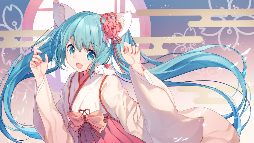 1girl :d alternate_costume animal animal_ears animal_on_shoulder aqua_eyes aqua_hair bangs bison_cangshu bow colored_eyelashes commentary_request egasumi eyebrows_visible_through_hair floral_background flower gradient gradient_background hair_flower hair_ornament hakama hands_up hatsune_miku highres japanese_clothes kemonomimi_mode kimono long_hair long_sleeves looking_at_viewer miko mouse mouse_ears open_mouth pink_bow pink_flower red_hakama red_ribbon ribbon smile solo twintails upper_body very_long_hair vocaloid white_kimono wide_sleeves