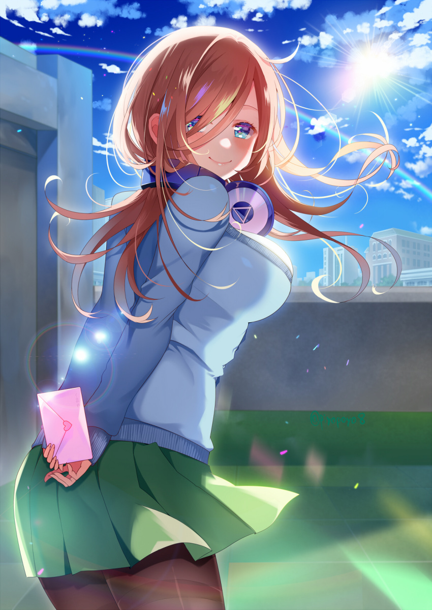 1girl arms_behind_back bangs blue_cardigan blue_eyes blue_sky blush breasts brown_hair building cardigan closed_mouth clouds commentary_request cowboy_shot diffraction_spikes envelope eyebrows_behind_hair facing_viewer go-toubun_no_hanayome green_skirt hair_between_eyes hair_over_one_eye headphones headphones_around_neck highres holding_envelope large_breasts lens_flare long_hair long_sleeves nakano_miku outdoors pantyhose piyopoyo pleated_skirt rainbow rooftop shirt skirt sky skyline smile solo sunlight thighband_pantyhose tile_floor tiles twitter_username white_shirt wind wind_lift