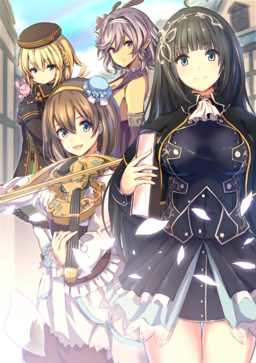 4girls :d absurdres ahoge bangs bare_shoulders black_cape black_coat black_hair blonde_hair blue_eyes blunt_bangs book braid breasts brown_hair cape character_request cityscape coat dark_skin dress earrings elbow_gloves eyebrows_visible_through_hair eyes_visible_through_hair french_braid girls_symphony gloves hair_between_eyes hair_intakes hairband hat highres holding holding_book holding_instrument instrument jewelry large_breasts long_dress long_hair long_sleeves looking_at_viewer manano_manamana medium_breasts mini_hat multiple_girls novel_illustration official_art open_mouth overskirt petals pointy_ears purple_hair short_hair sidelocks sleeveless sleeves_past_wrists small_breasts smile stuffed_animal stuffed_bunny stuffed_toy tiara valnbone_(girls_symphony) very_long_hair violet_eyes white_dress white_neckwear