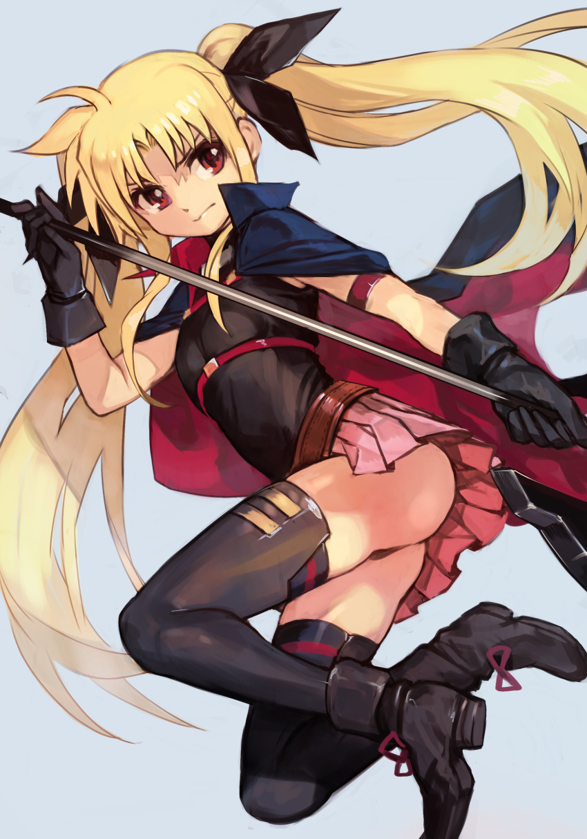 1girl absurdres arm_strap ass bangs bardiche belt black_cape black_gloves black_legwear blonde_hair boots cape fate_testarossa frown gloves grey_background hair_ribbon hankuri highres holding holding_weapon long_hair looking_to_the_side lyrical_nanoha mahou_shoujo_lyrical_nanoha mahou_shoujo_lyrical_nanoha_the_movie_1st parted_bangs pink_skirt red_eyes ribbon scythe simple_background skirt solo thigh-highs twintails very_long_hair weapon