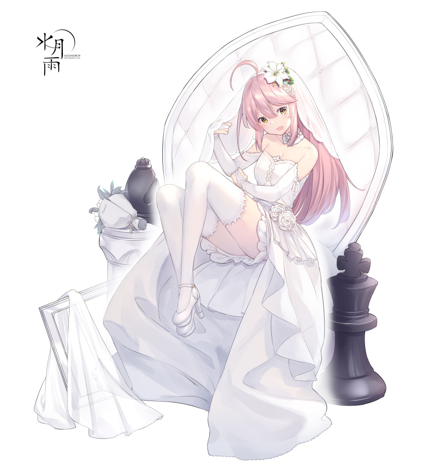 1girl absurdres ahoge artist_request bare_shoulders bouquet bridal_gauntlets bridal_veil bride chinese_commentary commentary_request dress flower highres knees_up layered_skirt long_hair long_skirt looking_at_viewer miniskirt original pink_hair sitting skirt solo strapless strapless_dress thigh-highs veil wedding_dress white_background white_dress white_footwear white_legwear zettai_ryouiki