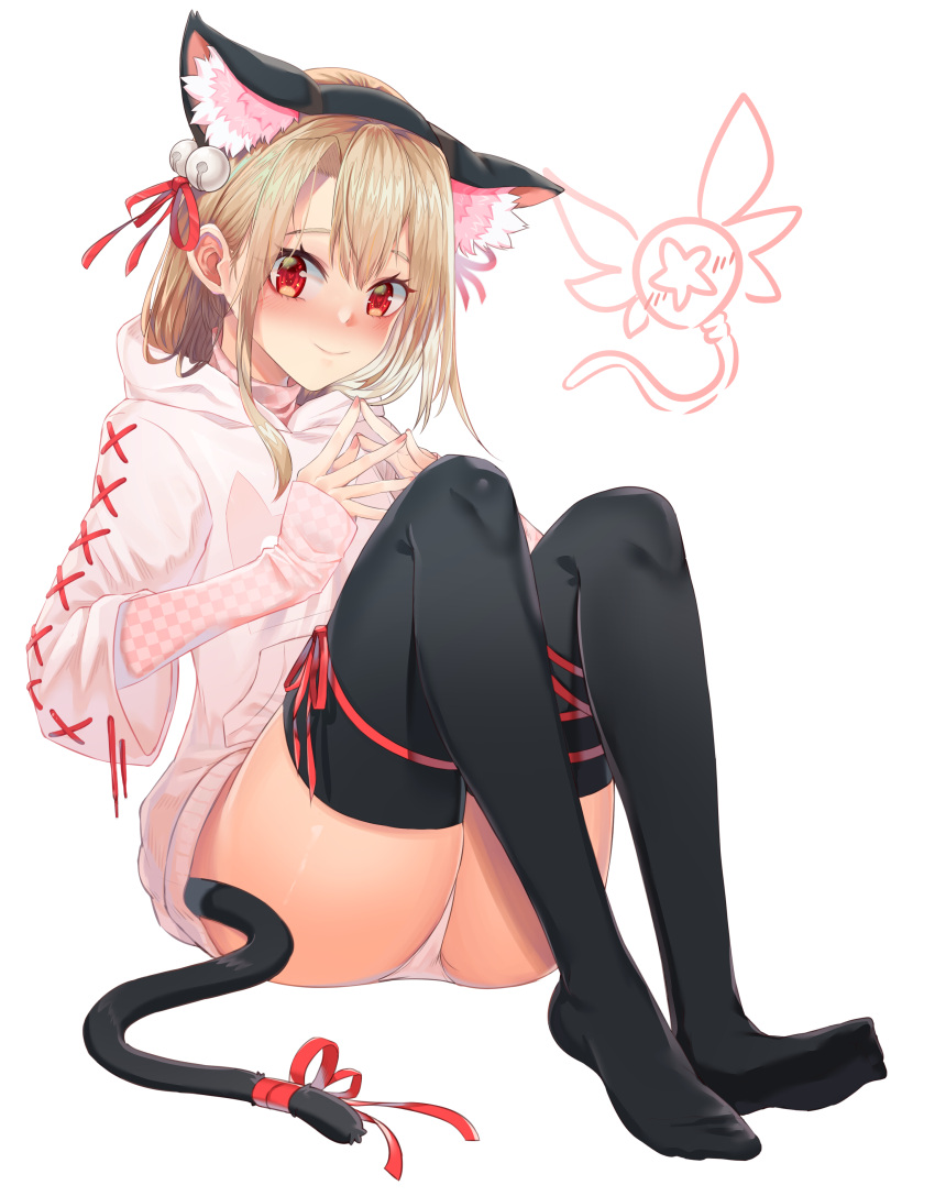 1girl absurdres animal_ears ass bangs bell black_legwear blonde_hair blush cat_ears cat_tail commentary_request fake_tail fate/kaleid_liner_prisma_illya fate_(series) hair_between_eyes hair_ribbon highres illyasviel_von_einzbern long_hair long_sleeves looking_at_viewer panties red_eyes ribbon simple_background smile solo tail tail_ribbon thigh-highs tjrwnsleo underwear white_background white_panties