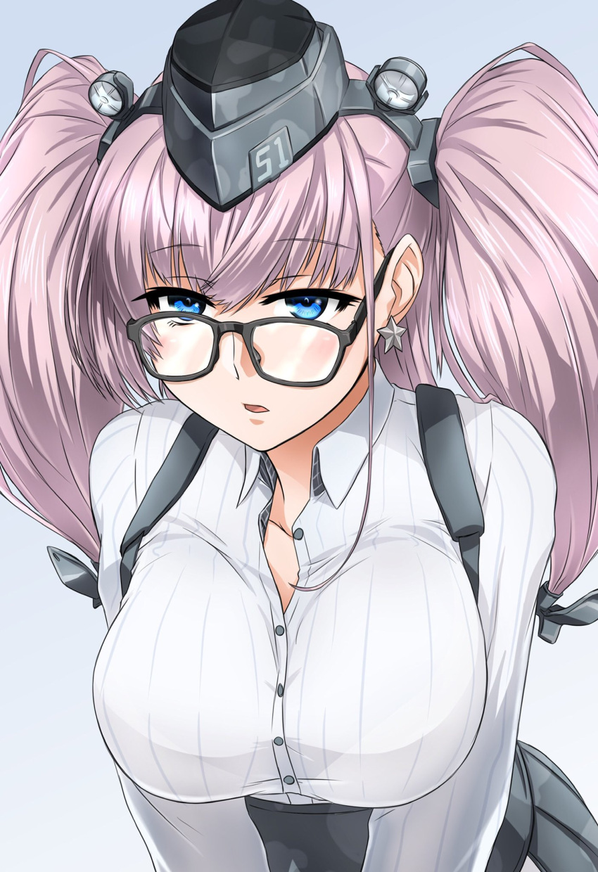 1girl akito_(sub707) atlanta_(kantai_collection) black_skirt blue_eyes blush breasts brown_hair dress_shirt earrings eyebrows_visible_through_hair garrison_cap glasses hat high-waist_skirt highres jewelry kantai_collection large_breasts long_hair long_sleeves shirt skirt solo star star_earrings suspender_skirt suspenders two_side_up white_shirt