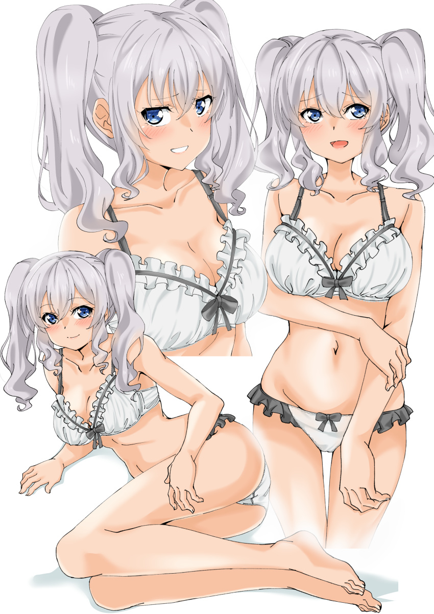 1girl absurdres blue_eyes blush bra breasts closed_mouth eyebrows_visible_through_hair hair_between_eyes highres kantai_collection kashima_(kantai_collection) large_breasts long_hair looking_at_viewer maonatten multiple_views navel open_mouth panties silver_hair simple_background smile solo twintails underwear wavy_hair white_background white_bra white_panties