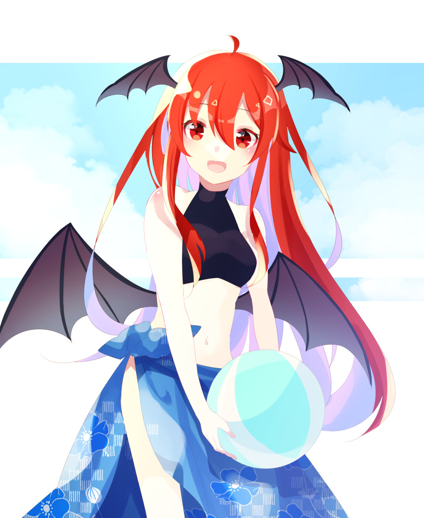 1girl absurdres ahoge ball bare_arms beachball black_hair cowboy_shot crop_top demon_wings hair_between_eyes head_wings highres holding holding_ball koakuma long_hair looking_at_viewer navel open_mouth red_eyes redhead sarong shinketsu_kanyu smile solo standing touhou turtleneck wings