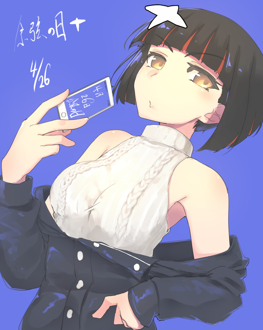 1girl armpits bakemonogatari bangs bare_shoulders black_cardigan black_hair blue_background blunt_bangs bob_cut brown_hair cable_knit cardigan cellphone closed_mouth commentary dated dutch_angle expressionless hair_ornament hand_on_hip highlights highres holding holding_phone iphone kagenui_yozuru looking_at_viewer meme_attire monogatari_(series) multicolored_hair off_shoulder phone redhead short_hair simple_background sleeveless sleeveless_turtleneck smartphone solo sweater thomas_(aoakumasan) turtleneck two-tone_hair unbuttoned unbuttoned_shirt upper_body virgin_killer_sweater white_sweater