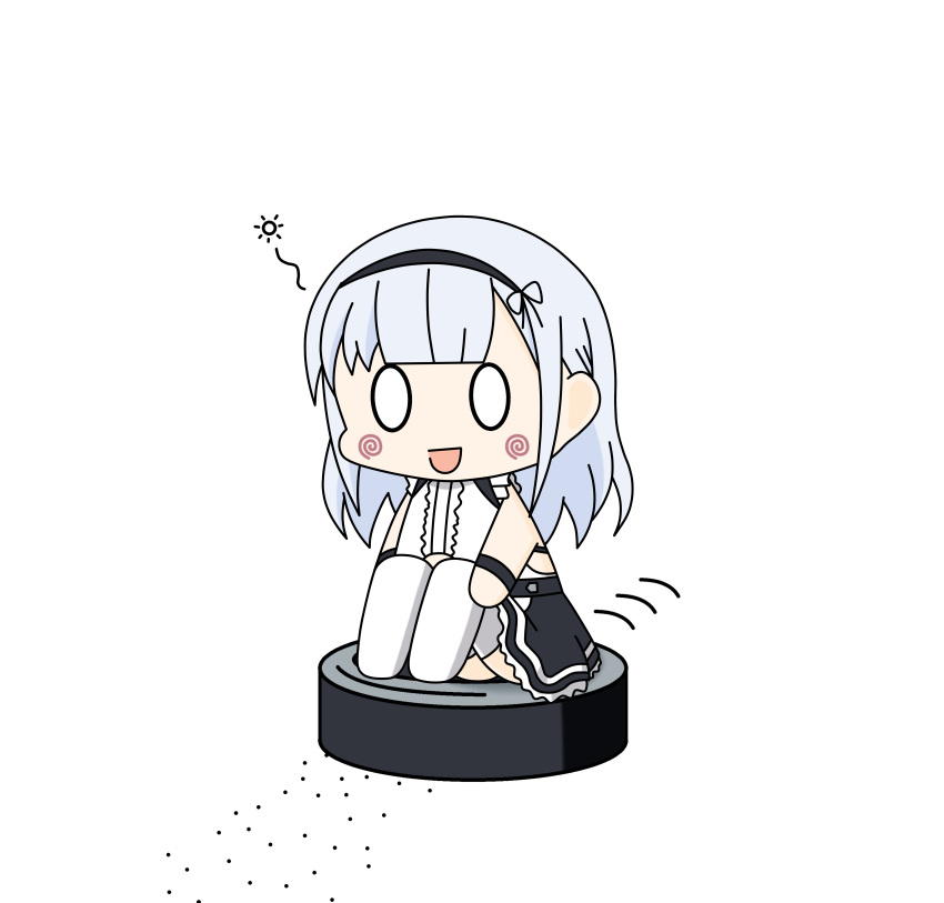 0_0 1girl :d absurdres apron azur_lane bangs black_hairband black_skirt blush_stickers center_frills chibi commentary_request dido_(azur_lane) dress dust full_body hairband highres kinoko_(benitengudake) knees_up long_hair looking_down maid_apron maid_dress motion_lines open_mouth roomba silver_hair simple_background sitting sitting_on_object skirt sleeveless sleeveless_dress smile solo thigh-highs waist_apron white_apron white_background white_dress white_legwear wristband