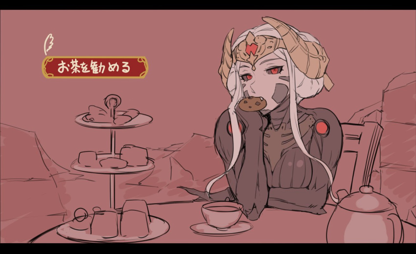1girl black_sclera commentary_request cookie curled_horns fire_emblem fire_emblem:_three_houses food food_in_mouth headpiece hegemon_edelgard horns long_hair mikoyan monster_girl red_eyes sketch solo translation_request updo white_hair