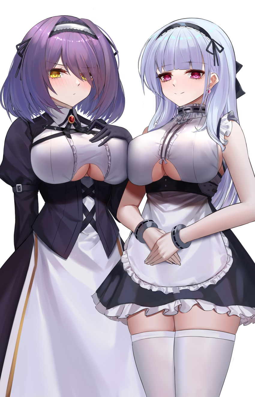 2girls apron azur_lane bangs bare_shoulders black_dress black_hairband black_skirt blunt_bangs blush bracelet breasts character_request closed_mouth corset dido_(azur_lane) dress earrings eternity_(pixiv8012826) eyebrows_visible_through_hair eyes_visible_through_hair frilled_skirt frills gloucester_(azur_lane) hair_over_one_eye hairband hand_on_own_chest highres jewelry juliet_sleeves large_breasts long_sleeves looking_at_viewer miniskirt multiple_girls own_hands_together pink_eyes puffy_sleeves purple_hair shirt short_hair silver_hair simple_background skindentation skirt sleeveless sleeveless_shirt smile thigh-highs two-tone_background under_boob underboob_cutout v-shaped_eyebrows waist_apron white_apron white_background white_legwear white_shirt yellow_eyes zettai_ryouiki