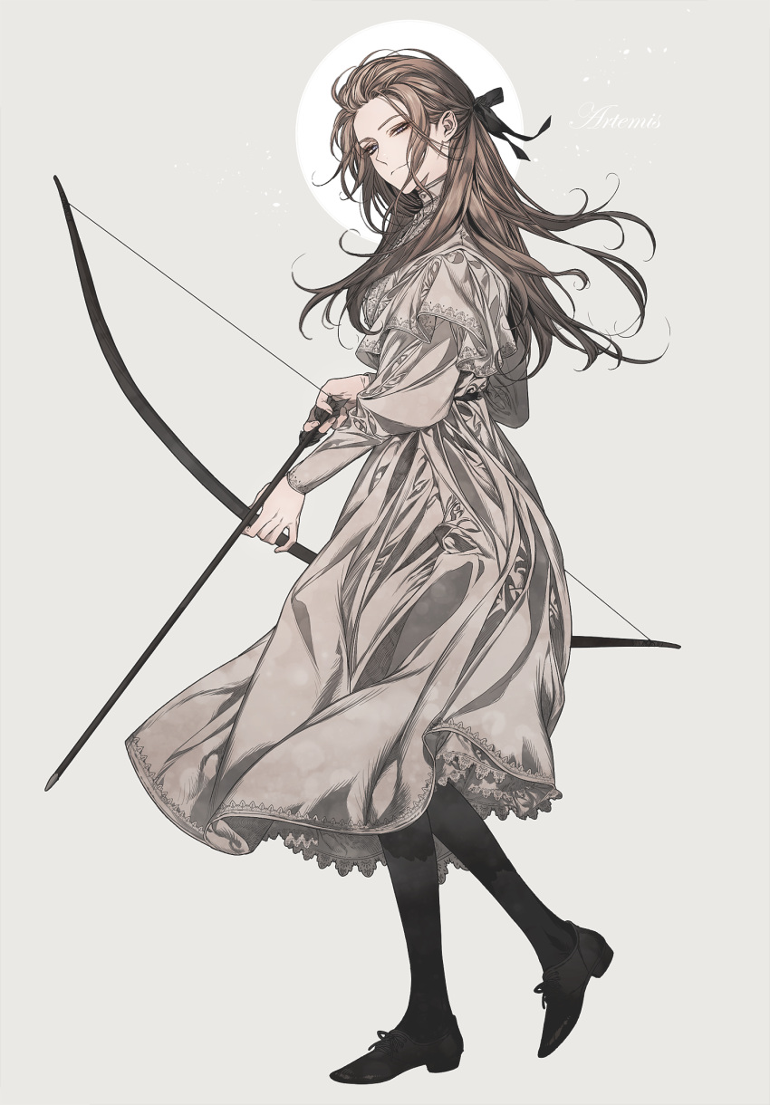 1girl archery arrow artemis_(mythology) black_footwear black_legwear black_ribbon blue_eyes bow_(weapon) brown_hair closed_mouth dress enaa english_text frilled_dress frills full_body goddess grey_background highres holding holding_arrow holding_bow_(weapon) holding_weapon juliet_sleeves long_hair long_sleeves looking_at_viewer lying on_side original puffy_sleeves ribbon shoes simple_background solo standing standing_on_one_leg straight_hair weapon white_background white_dress