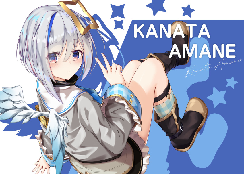 absurdres amane_kanata angel_wings armband boots character_name commentary_request hair_ornament highres hololive looking_at_viewer looking_back ribbon shimo_(shimo332215) short_hair silver_hair sitting smile v violet_eyes virtual_youtuber wings