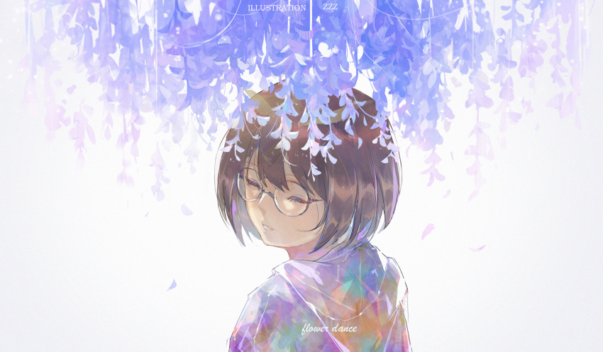 1girl absurdres arknights bob_cut brown_hair closed_eyes eyelashes falling_leaves glasses highres leaf peaceful silence_(arknights) smile white_background willow zzz_(orchid-dale)